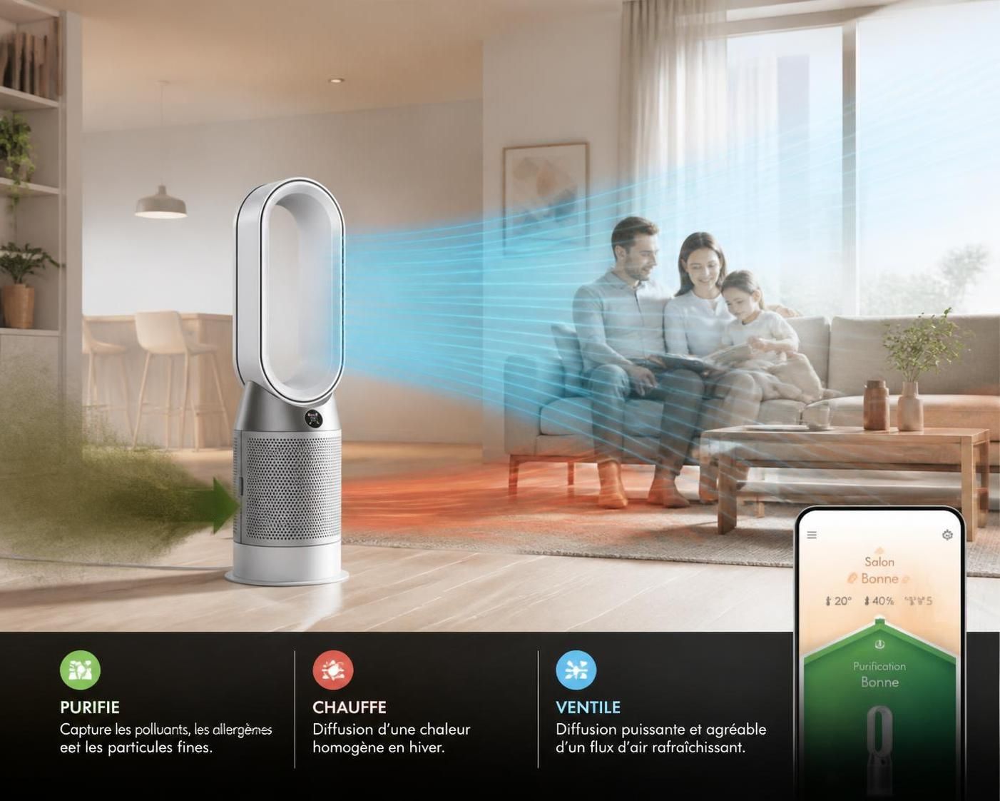 découvrez le dyson pure hot cool link, un purificateur d’air multifonction qui chauffe, refroidit et purifie l'air de toute votre maison pour un confort optimal toute l'année.