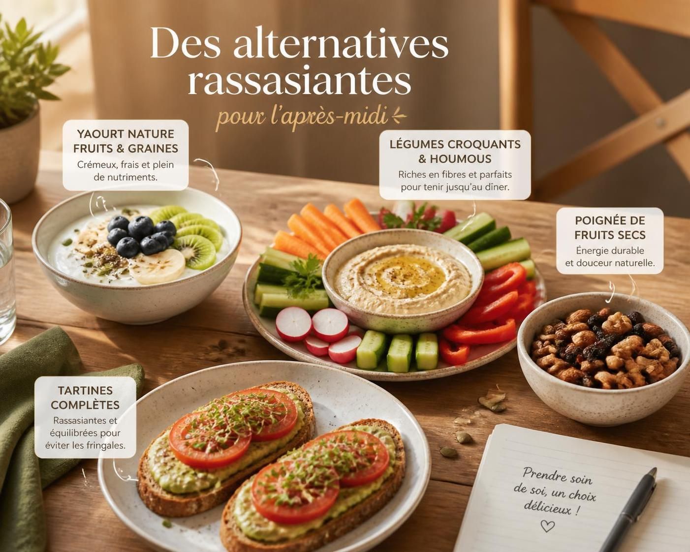découvrez des alternatives rassasiantes et saines pour remplacer le grignotage et tenir toute l'après-midi sans fringales.