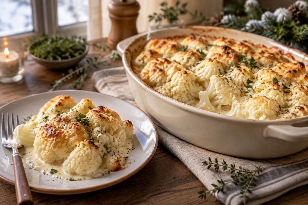 savourez un chou-fleur en gratin léger et gourmand, idéal pour réchauffer vos repas d’hiver sans renoncer au plaisir.
